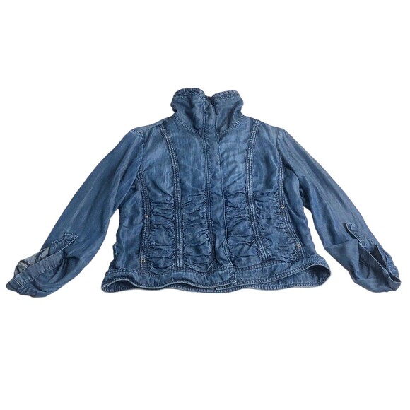 Coldwater Creek Jacket Women 8 Blue Chambray Ruched Roll Tab Sleeve Snap Shacket - Picture 1 of 16